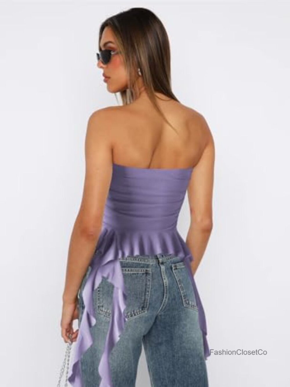 Strapless Tube Top Ruffled Asymmetrical Hem Ruched Bandeau Cami Tank - Picture 2 of 6